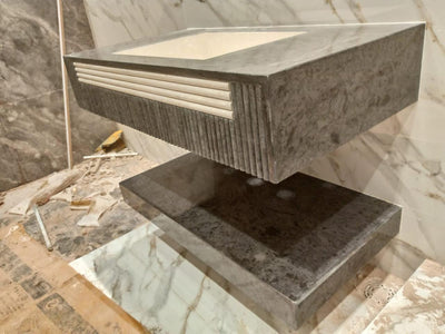 Modern Grey Night Marble Vanity – Elegant Washroom Sink with Storage Shelf