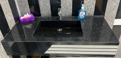 Modern Grey Night Marble Vanity – Elegant Washroom Sink with Storage Shelf