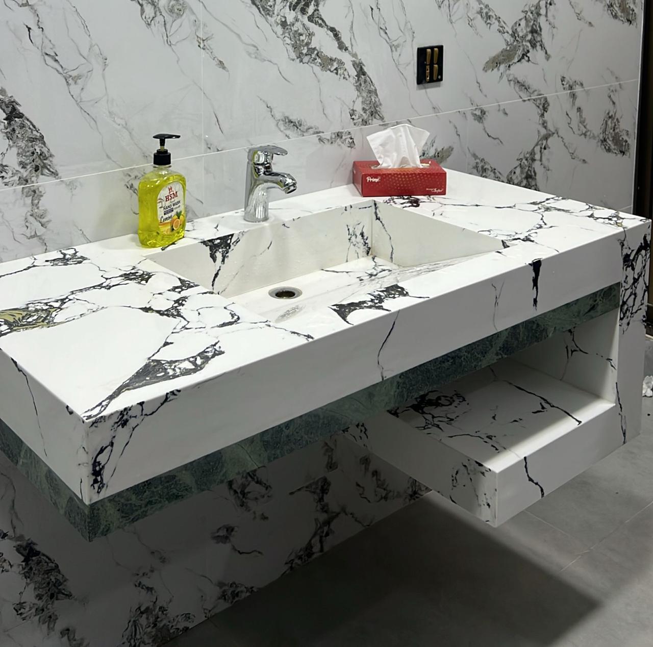 Modern Grey Night Marble Vanity – Elegant Washroom Sink with Storage Shelf