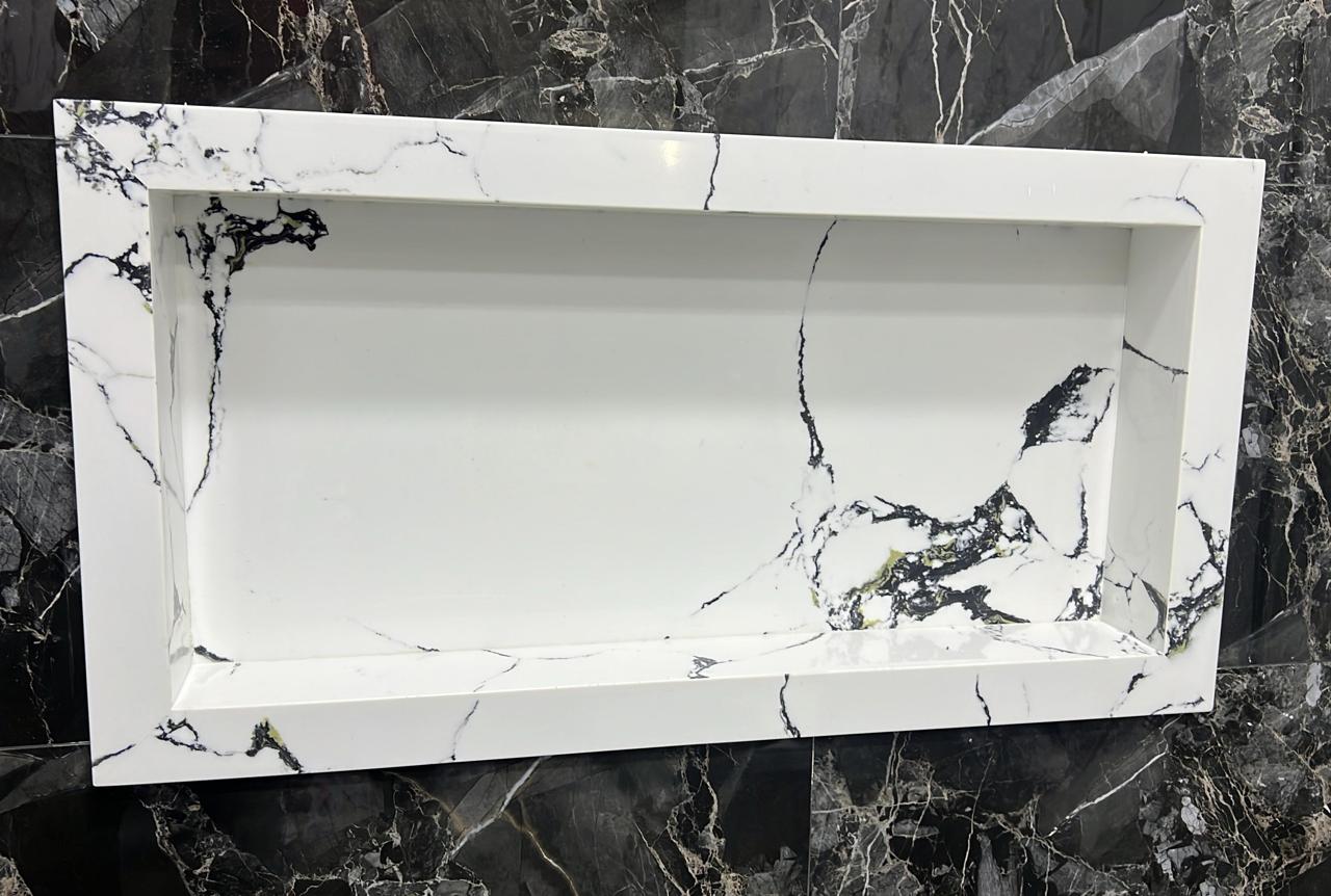 Modern Grey Night Marble Vanity – Elegant Washroom Sink with Storage Shelf