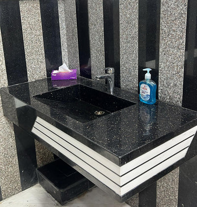Modern Grey Night Marble Vanity – Elegant Washroom Sink with Storage Shelf
