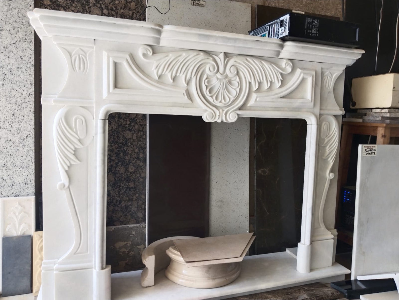 5-Piece Carved Beige Marble Fireplace Mantel – Classic Royal Design