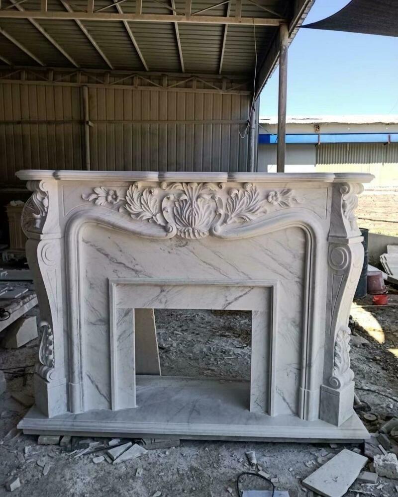 5-Piece Carved Beige Marble Fireplace Mantel – Classic Royal Design