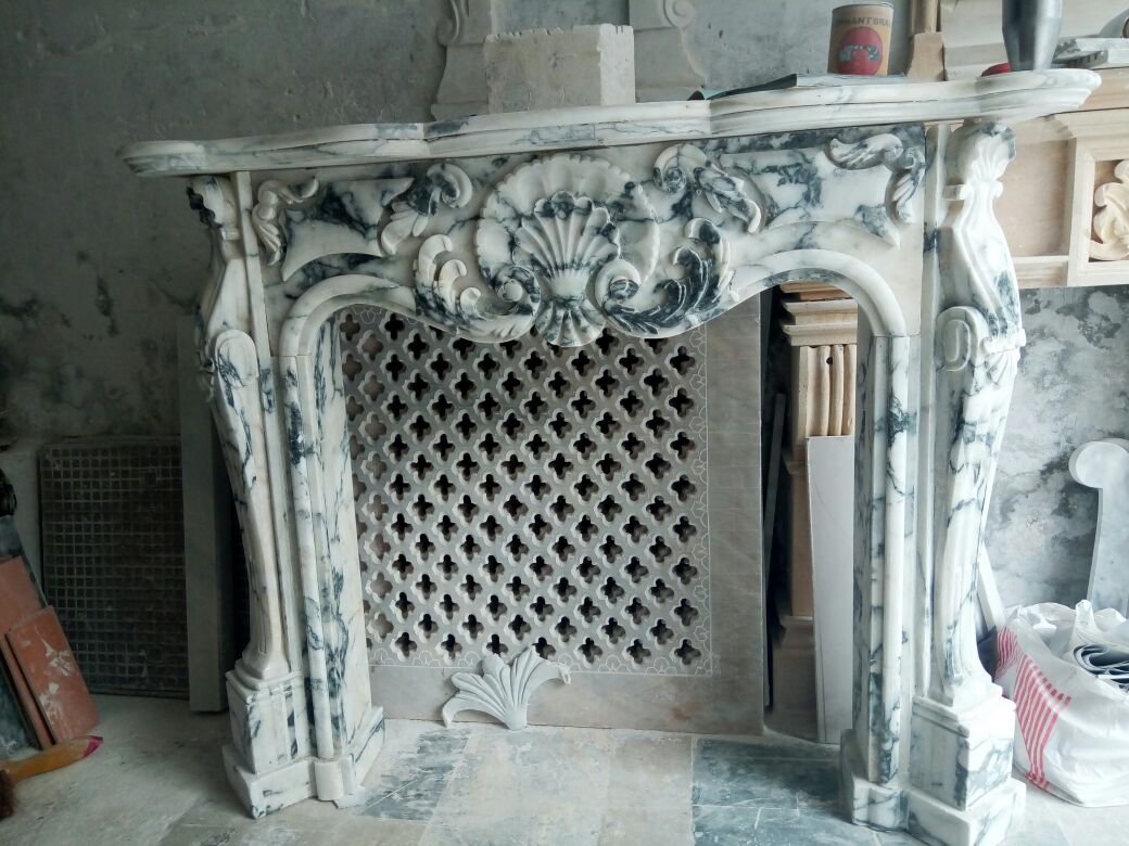 5-Piece Carved Beige Marble Fireplace Mantel – Classic Royal Design