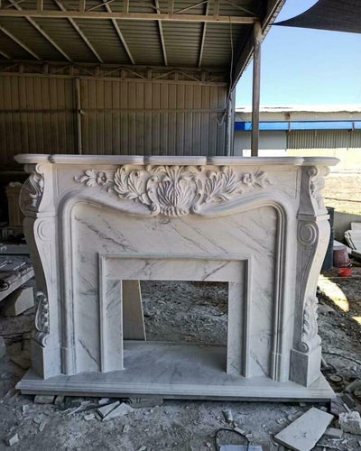 5-Piece Carved Beige Marble Fireplace Mantel – Classic Royal Design
